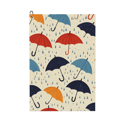 Umbrella Pattern Golf Towel 16.1"x24" – Microfiber Quick-Dry Sports Towel with Carabiner Clip, Colorful Retro Rain Design