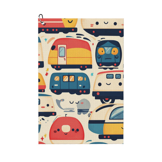 Cartoon RV & Train Golf Towel 16.1"x24" – Quick-Dry Microfiber Sports Towel with Clip Hook, Fun Travel-Inspired Design