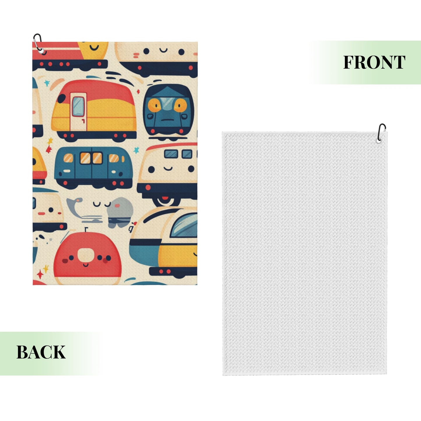 Cartoon RV & Train Golf Towel 16.1"x24" – Quick-Dry Microfiber Sports Towel with Clip Hook, Fun Travel-Inspired Design