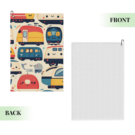 Cartoon RV & Train Golf Towel 16.1"x24" – Quick-Dry Microfiber Sports Towel with Clip Hook, Fun Travel-Inspired Design