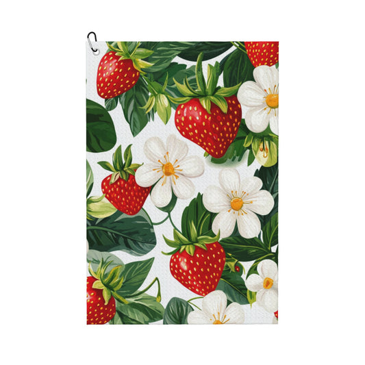 Strawberry & Floral Golf Towel 16.1"x24" – Microfiber Quick-Dry Sports Towel with Clip Hook for Golf, Gym & Outdoor Use