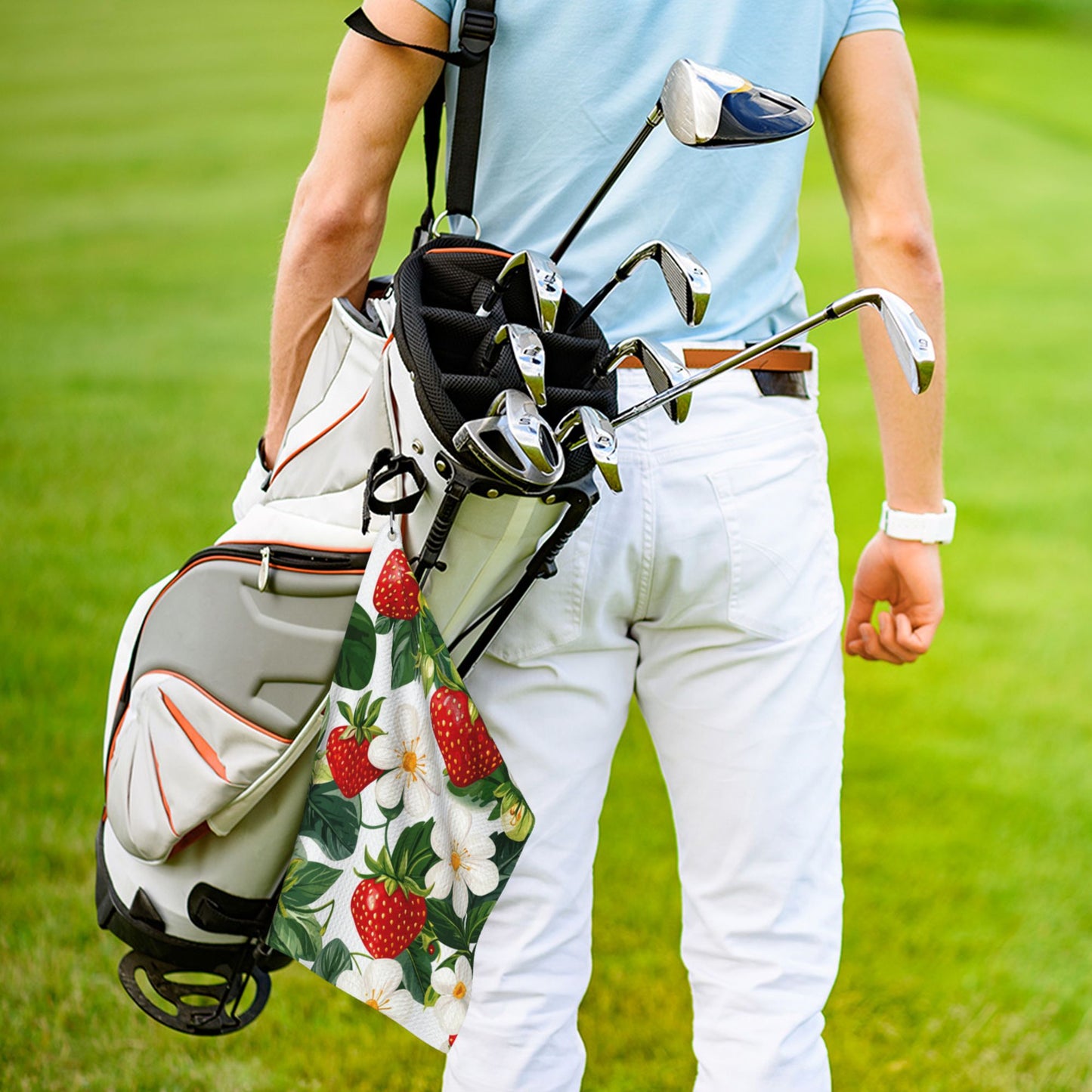 Strawberry & Floral Golf Towel 16.1"x24" – Microfiber Quick-Dry Sports Towel with Clip Hook for Golf, Gym & Outdoor Use