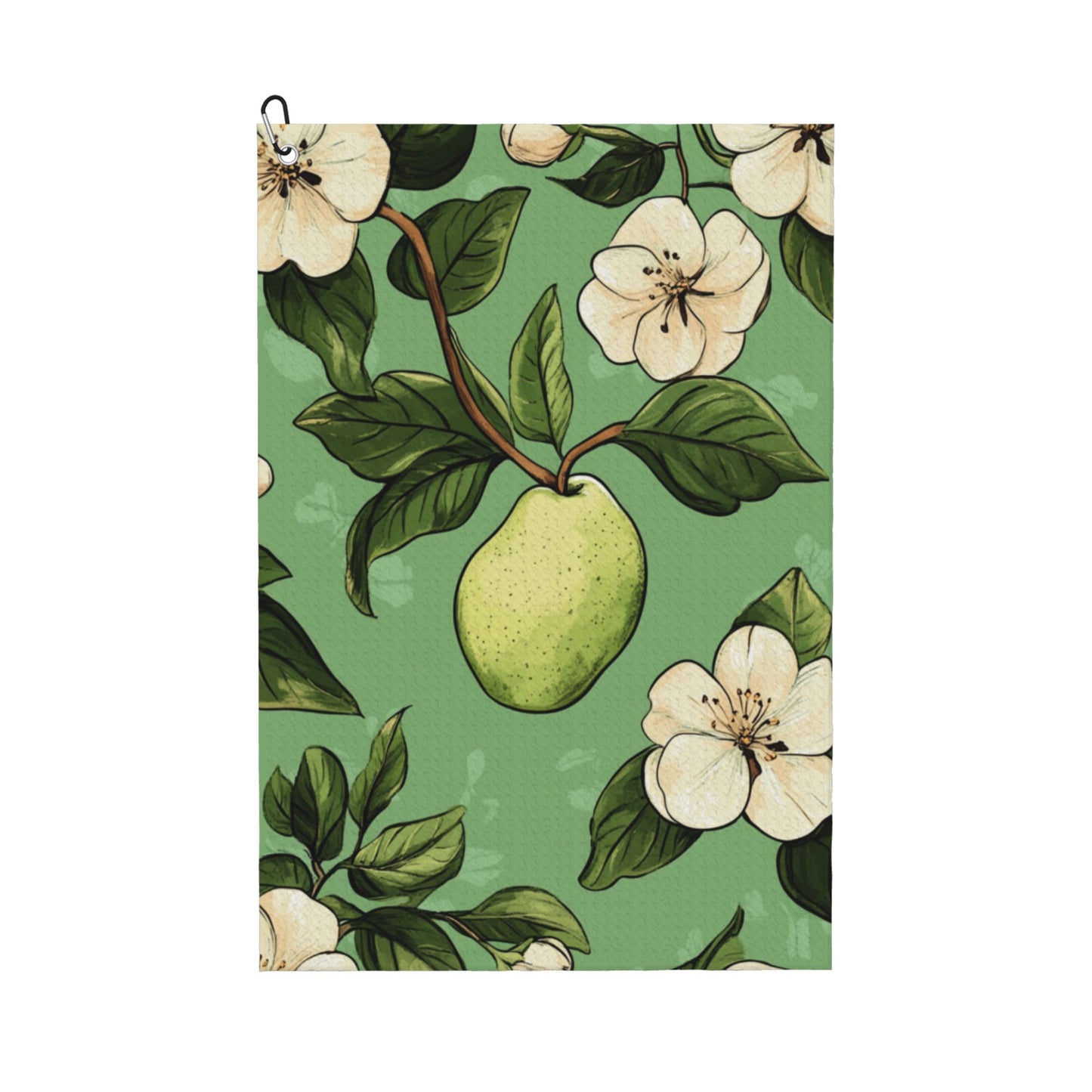 Green Pear & Floral Golf Towel 16.1"x24" – Quick-Dry Microfiber Sports Towel with Hanging Clip for Golf, Fitness & Outdoor Use