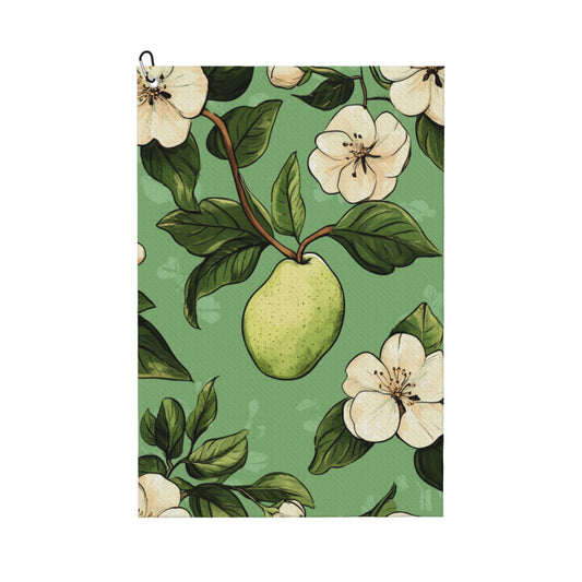 Green Pear & Floral Golf Towel 16.1"x24" – Quick-Dry Microfiber Sports Towel with Hanging Clip for Golf, Fitness & Outdoor Use