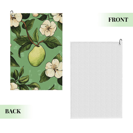 Green Pear & Floral Golf Towel 16.1"x24" – Quick-Dry Microfiber Sports Towel with Hanging Clip for Golf, Fitness & Outdoor Use